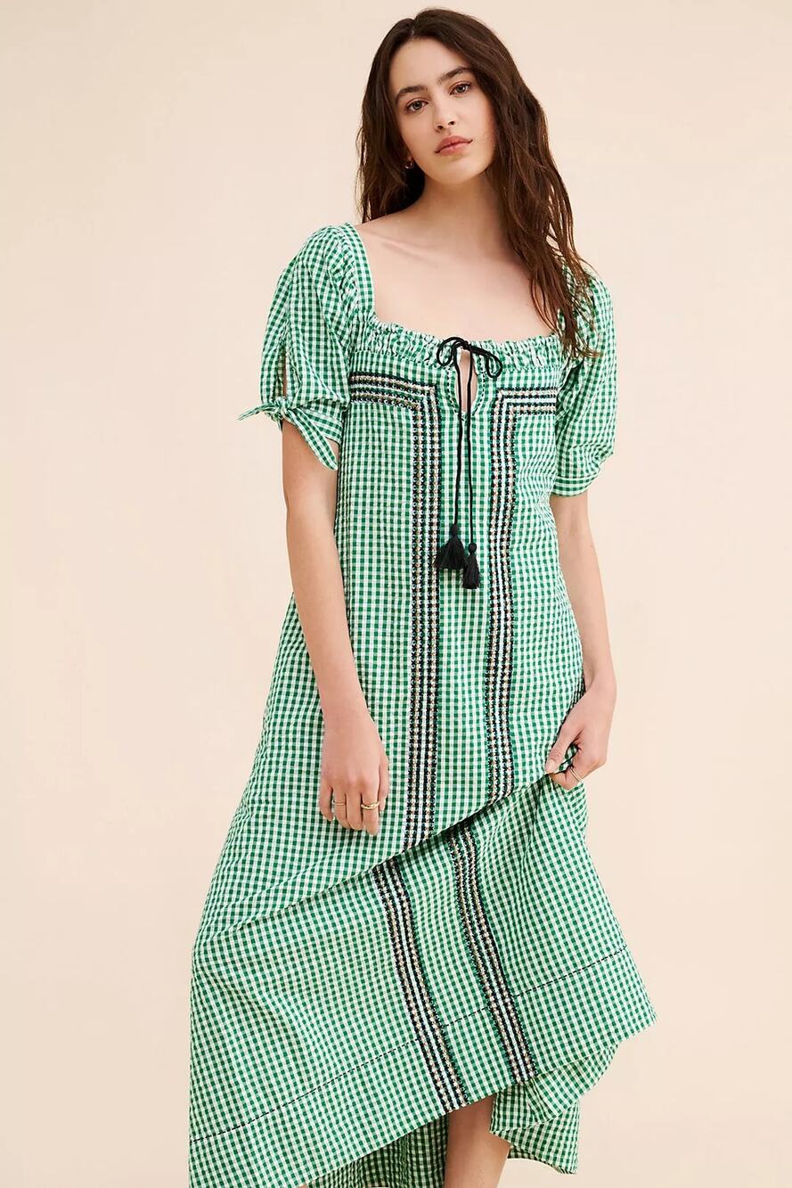NWT Free People Cass Gingham Cotton Seersucker Midi Maxi Dress Green Medium
